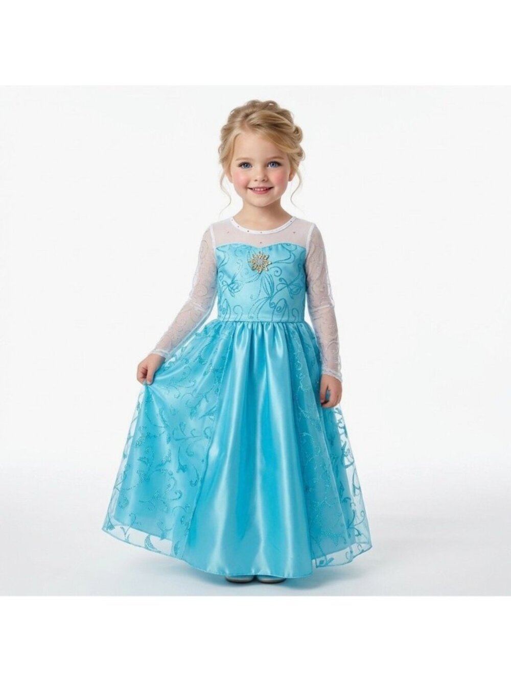 Girls Elsa Frozen Princess Costume Dress Aqua Blue Satin Mesh Christmas Party